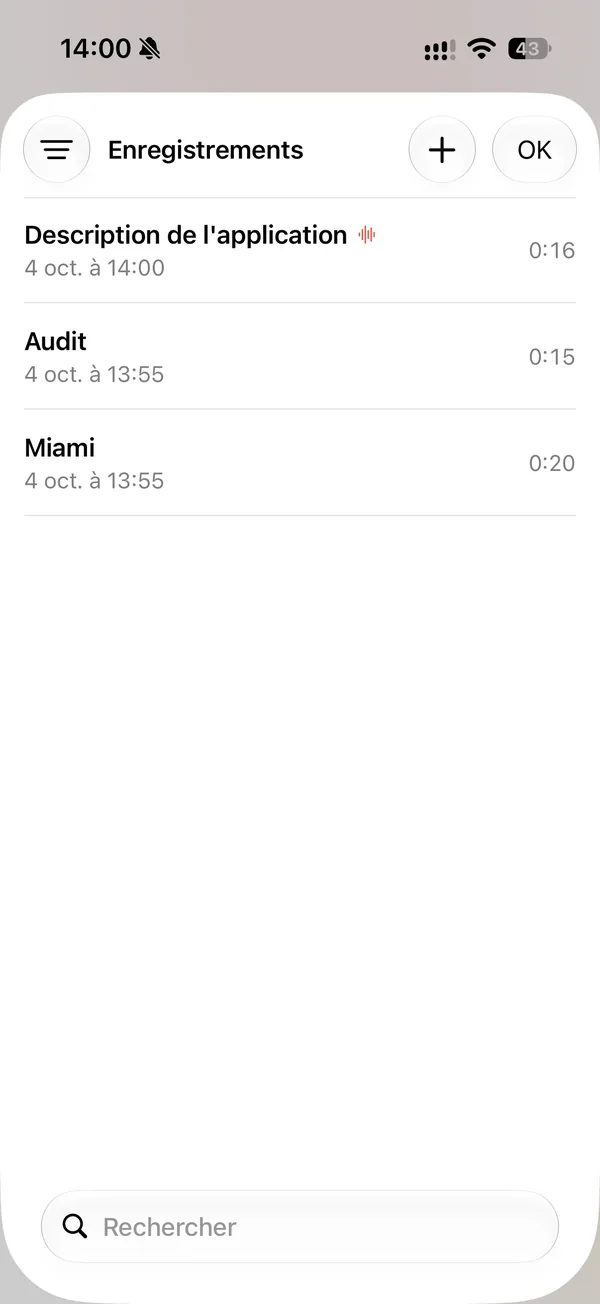 La liste des enregistrements avec leur date et leur durée.