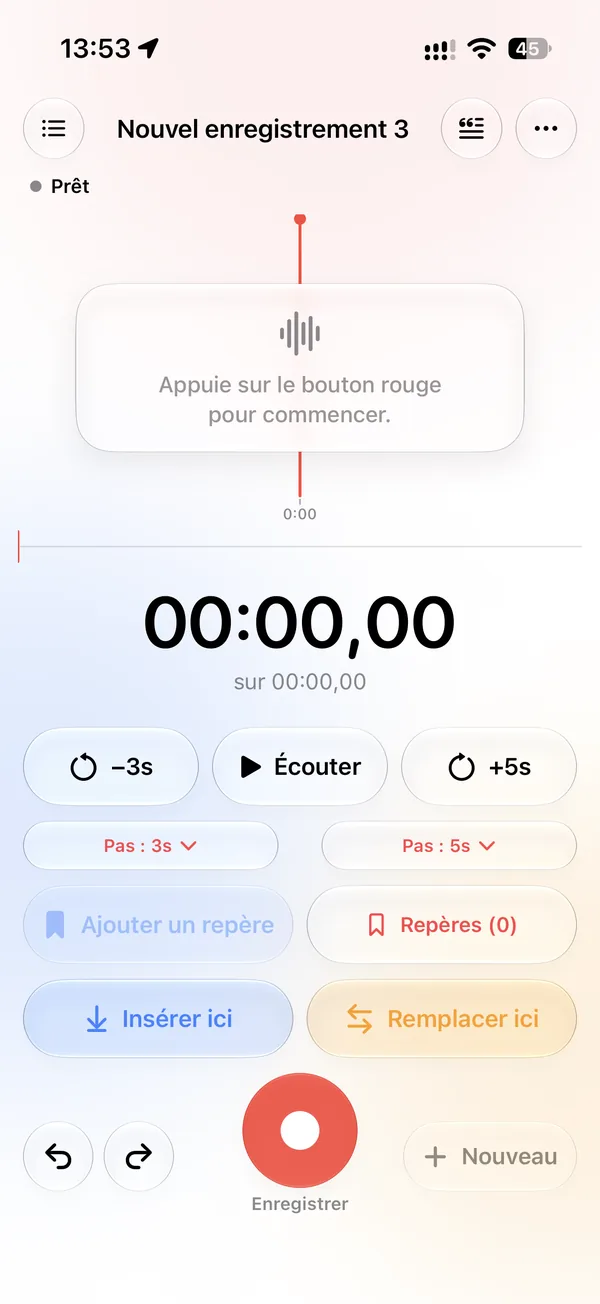 Un nouvel enregistrement prêt : appuyez sur le bouton rouge pour commencer.